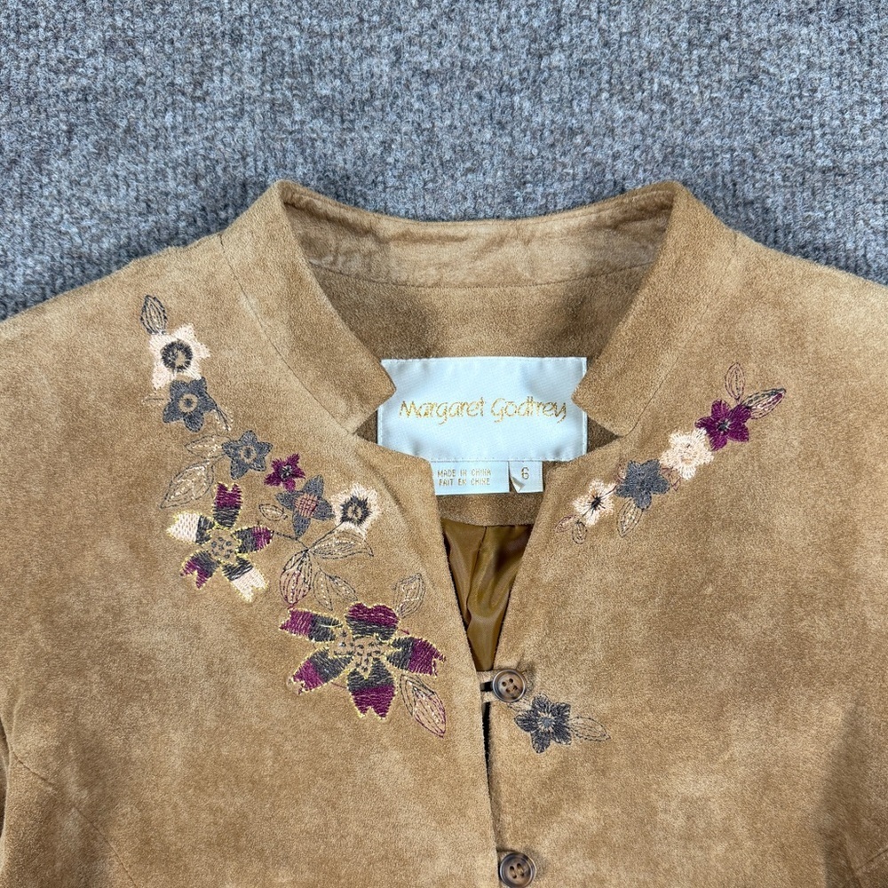 Margaret Godfrey Tan Suede Leather Coat Women’s 6 Embroidered Florals Mid Length - Picture 7 of 12